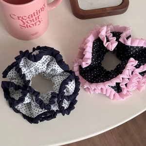 Elegant polka dot lace scrunchies with pleated ruffle edges in navy and pink styles