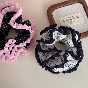 Chiffon polka dot hair scrunchies with ruffled edges and layered contrast colors