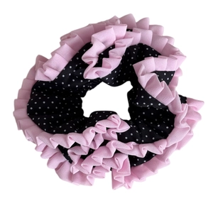 Chiffon dot scrunchie with pink pleated lace edges for elegant women hair styling