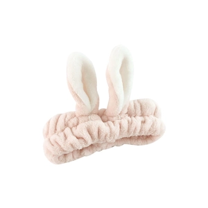 Cute pink plush rabbit ear headband for women washing face or applying makeup mask