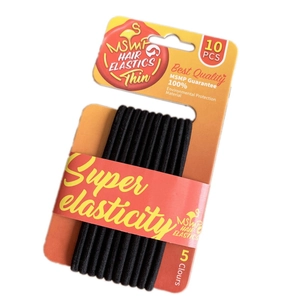 Set of 10 minimalist thin black high elasticity hair ties in eco-friendly packaging