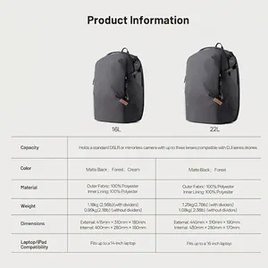 Waterproof camera backpack for DSLR and drones showing detailed dimensions and size comparison