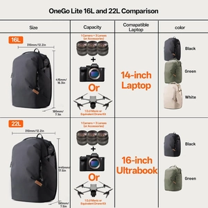 PGYTECH OneGo Lite Camera Backpack 16L and 22L models showing sizes and colors