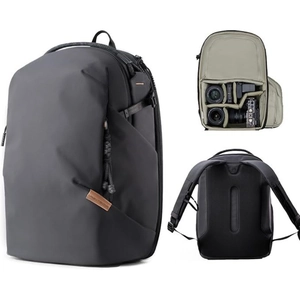 Detail showing the internal compartments for camera bodies and lenses in the gray backpack