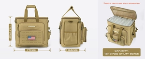 Detailed size chart for the khaki waterproof fishing bag showing 14.17 inch height and capacity