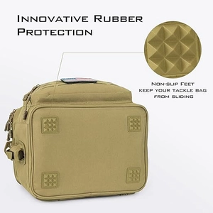 Detail of waterproof tackle bag showing anti-slip rubber feet and durable khaki fabric