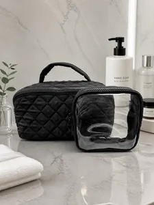 Detail of large black quilted nylon makeup bag set with a clear window storage pouch