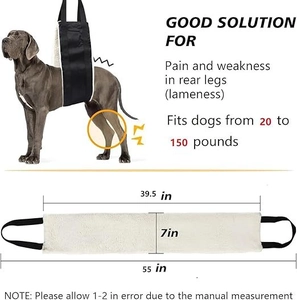 Close-up of padded dog lifting harness with soft fleece lining and precise dimensions