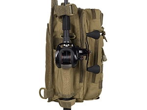 Detail view of khaki fishing bag with specialized rod holder and side strap system