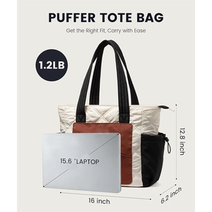 Detailed view of tricolor puffer tote bag showing 16 x 12.8 x 6.2 inch dimensions and pockets