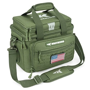 Macro view of multi-pocket army green waterproof fishing tackle bag with durable shoulder strap