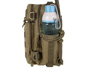 Detail view of tactical fishing bag side pocket holding a blue water bottle