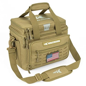 Tactical fishing tackle bag in khaki with MOLLE system and padded adjustable shoulder strap