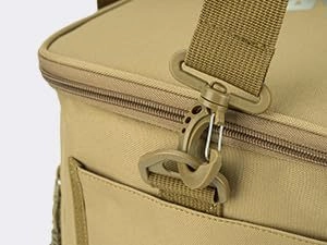 Detail of reinforced nylon shoulder strap with plastic 360-degree swivel hook on khaki bag