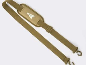 Detail of adjustable tactical fishing bag shoulder strap with thick padding and metal hook