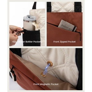 Quilted tote bag detail showing magnetic closure, front zip pocket and 42oz bottle holder