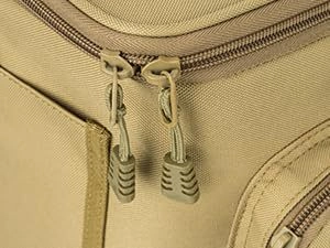 Detail of durable coyote brown oxford fabric and heavy-duty dual zippers on fishing bag