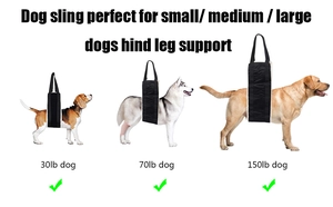 Lifting sling for hind leg support shown on various dog sizes from 30lb to 150lb