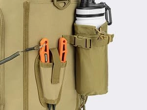 Detail of a khaki fishing bag showing side bottle holder and MOLLE attachment for tools