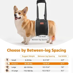 Size chart for dog lift harness showing S to XL dimensions for senior pet mobility support