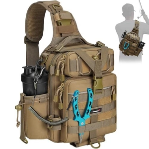 Tactical fishing sling bag in khaki nylon with MOLLE system and fishing plier attachment