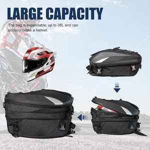 Waterproof 38L expandable motorcycle tail bag with helmet storage capacity and straps