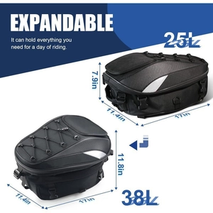 Waterproof motorcycle tail bag showing expandable capacity from 25L to 38L with dimensions
