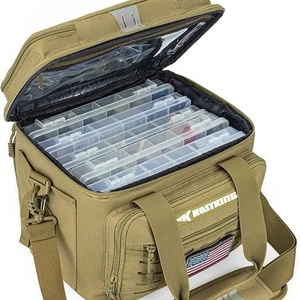 Waterproof large capacity khaki fishing tackle bag with 7 transparent storage boxes
