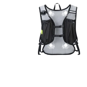 Detail of breathable grey mesh running vest with reflective strips and adjustable straps
