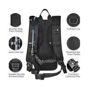 Black outdoor tactical hydration backpack with breathable mesh and adjustable straps