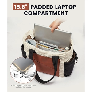 Quilted tote bag with 15.6 inch laptop compartment and protective padding detail