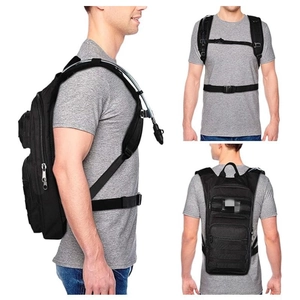 Tactical black hydration backpack with water tube and MOLLE system for outdoor hiking