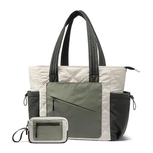 Quilted tote bag set with matching pouch in off-white and olive green for travel