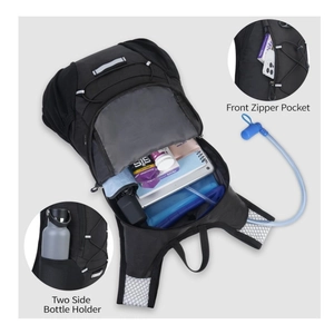 Black outdoor hydration backpack with multi-compartment storage and reflective safety strips