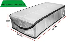 Attic insulation cover in silver aluminum foil with dimensions 138x63.5x28cm