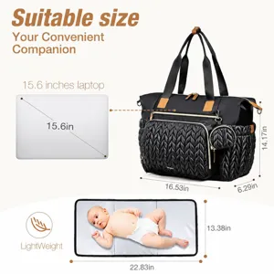 Sac à langer matelassé noir imperméable avec étui à tétine et tapis de change