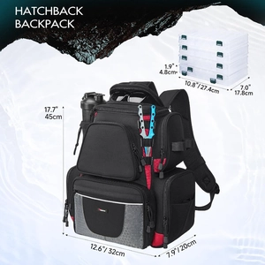 Waterproof fishing backpack with padded straps and four transparent lure tackle boxes