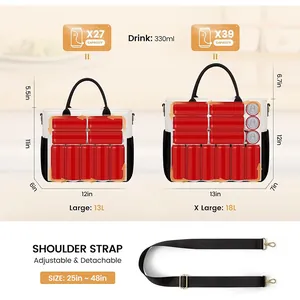 Size chart comparison for insulated lunch bags in 13L Large and 18L Extra Large capacities