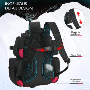 Ergonomic breathable padded back and adjustable chest belt on waterproof fishing backpack