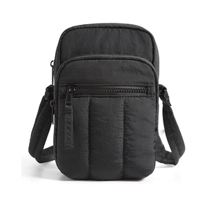 Detailed view of black quilted nylon crossbody bag featuring front zipper pocket and strap