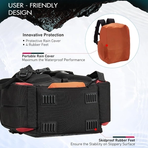 Waterproof fishing backpack with protective rubber feet and an orange rain cover detail