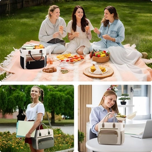 Three multi-color insulated lunch bags shown in picnic, school, and office settings