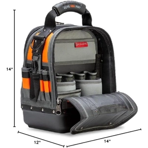 Heavy duty tool bag with waterproof base and multi compartments, size 14x14x12 inches