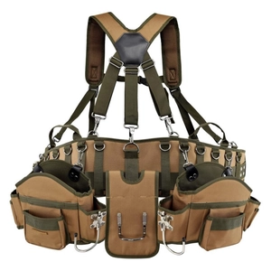 Heavy-duty multi-pocket tool belt system with padded H-style suspenders for electricians