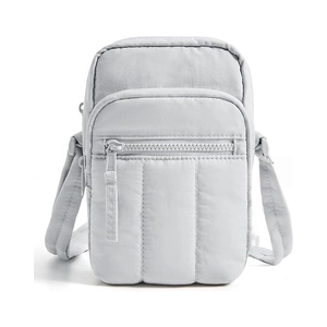 Detail of grey quilted crossbody bag showing nylon texture and smooth zipper pocket