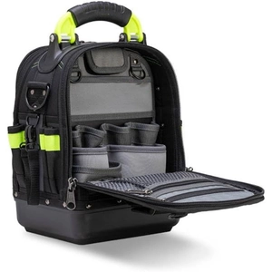 Internal view showing tiered slots for tools and a hard molded waterproof base of the bag