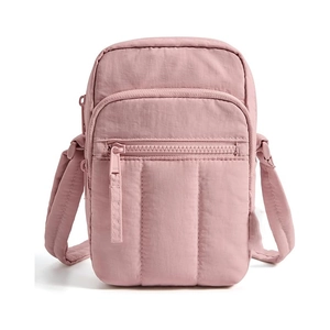 Pink nylon crossbody phone bag with three zippered compartments and adjustable strap