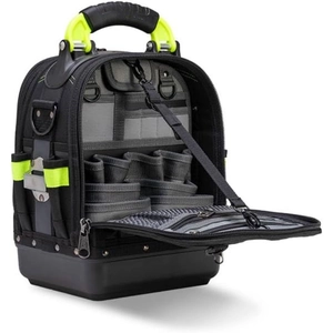 Detail view of tool bag with durable plastic base and multiple interior compartments