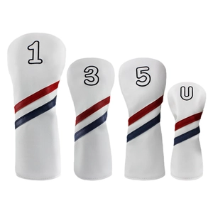 Set copritesta per mazze da golf in pelle bianca con strisce rosse e blu per legni 1, 3, 5, U