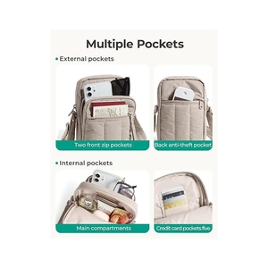 Brown quilted nylon small crossbody bag for women with multiple pockets and functional storage